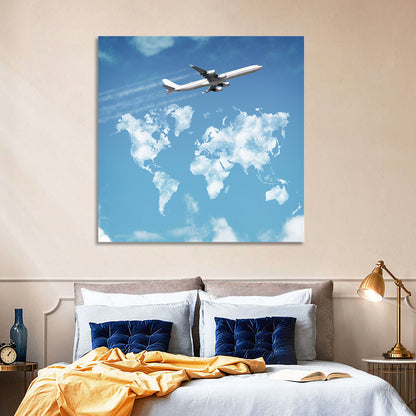 Jet Over Cloud World Map Wall Art
