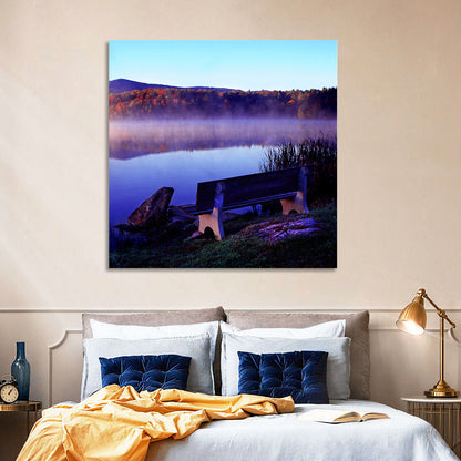Bench at Misty Lake Sunrise Wall Art