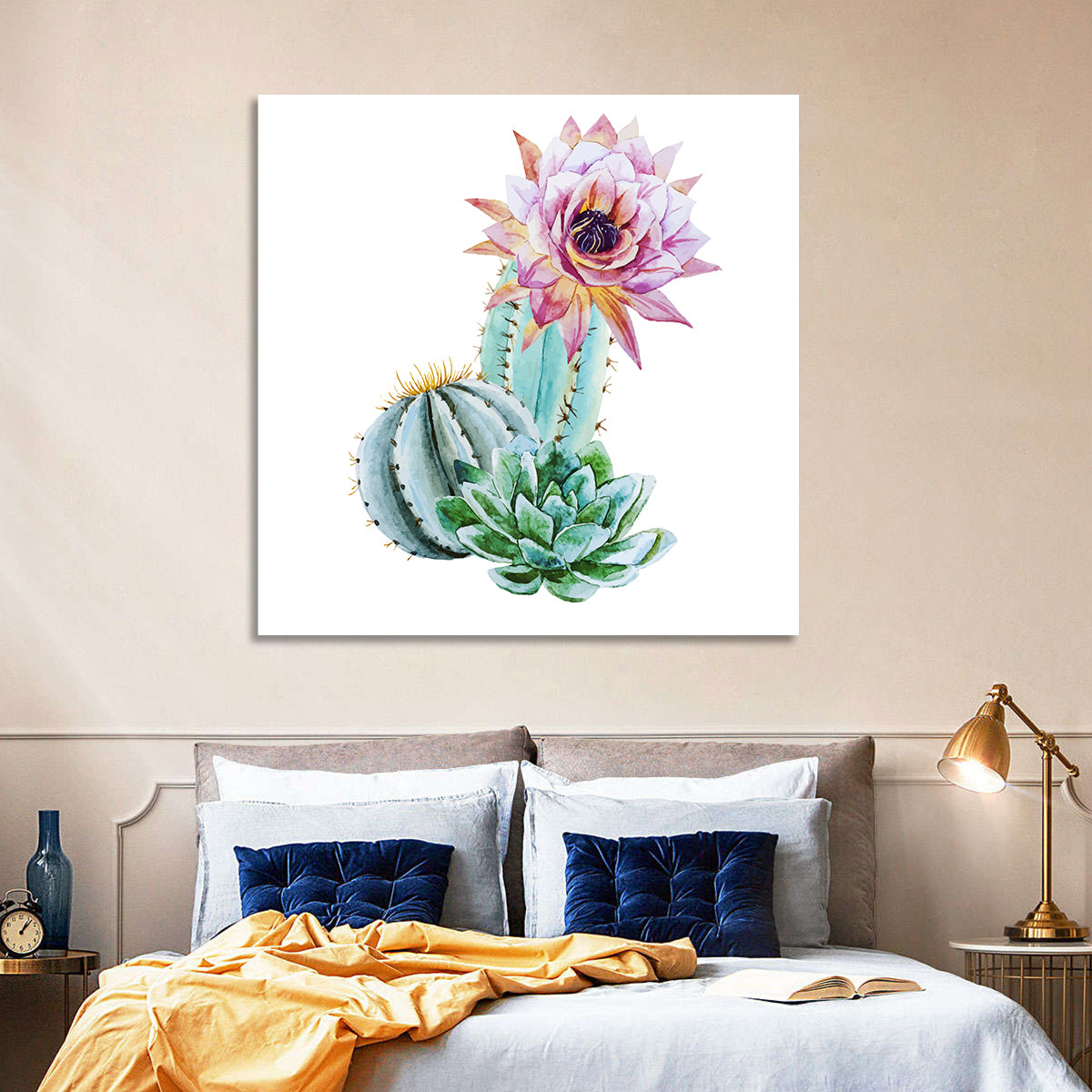 Blooming Cactus Watercolor Wall Art in a room, square