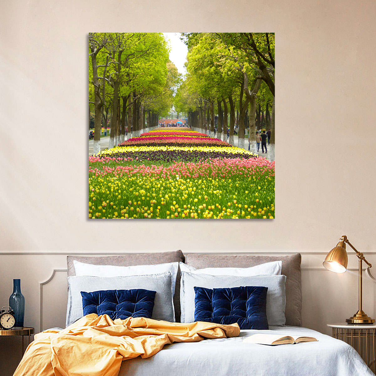 Tree-lined Tulip Garden Path Wall Art in a room, square