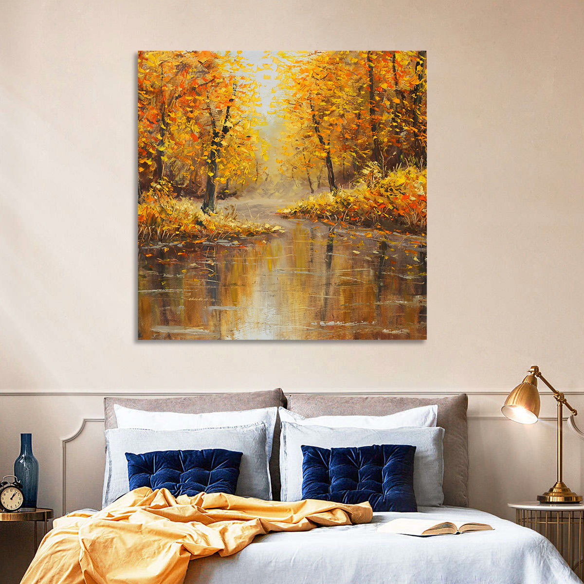 Golden Autumn River Reflection Wall Art