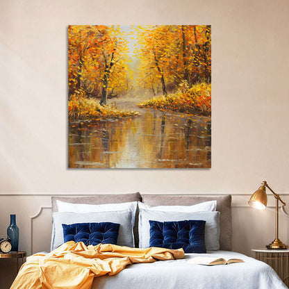 Golden Autumn River Reflection Wall Art