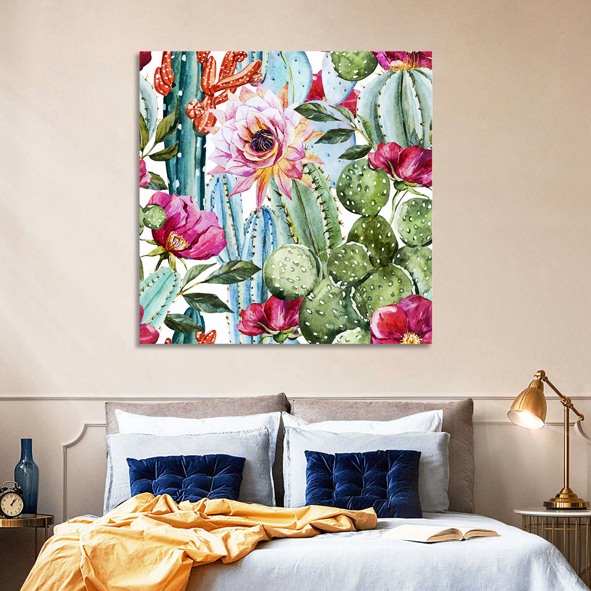 Watercolor Cactus Pattern Wall Art in a room, square