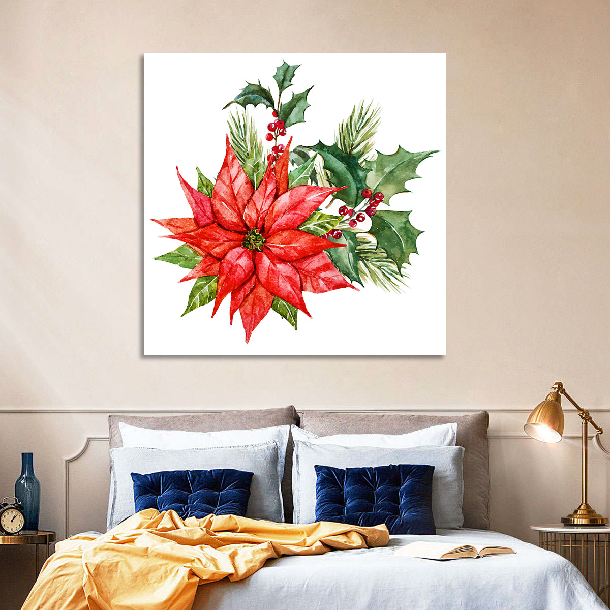 Christmas Poinsettia Watercolor Wall Art in a room, square