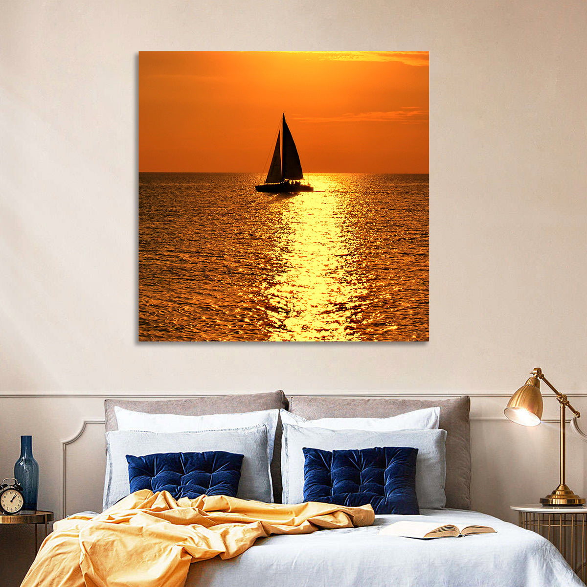 Sailboat Silhouette at Golden Sunset Wall Art