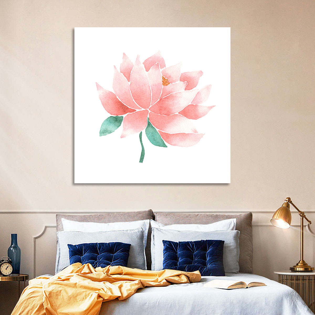 Soft Pink Lotus Watercolor Wall Art in a room, square
