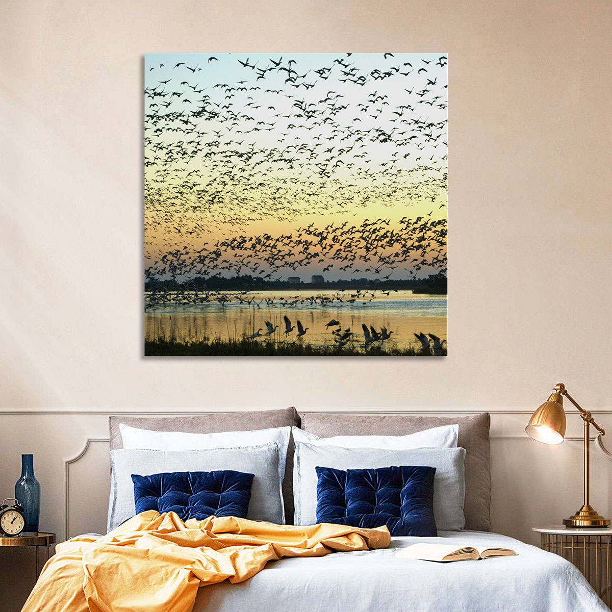 Snow Geese Over River Wall Art
