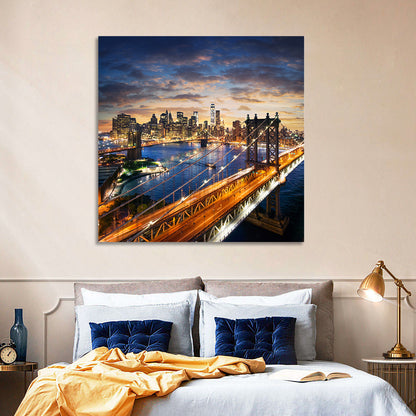 Manhattan Bridge Dusk Light Trails Wall Art