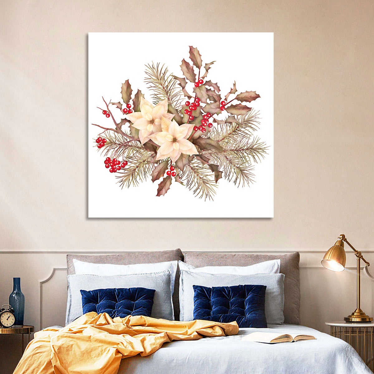 Retro Poinsettia Bouquet Wall Art in a room, square
