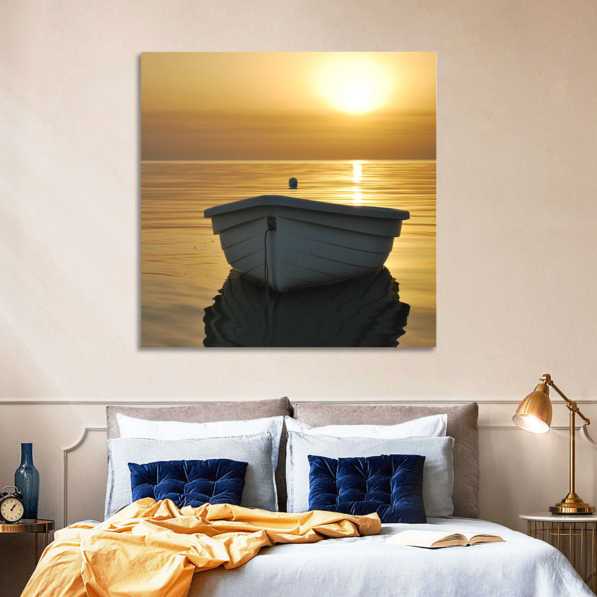 White Rowboat on Golden Sea Wall Art