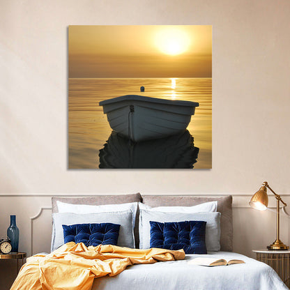 White Rowboat on Golden Sea Wall Art