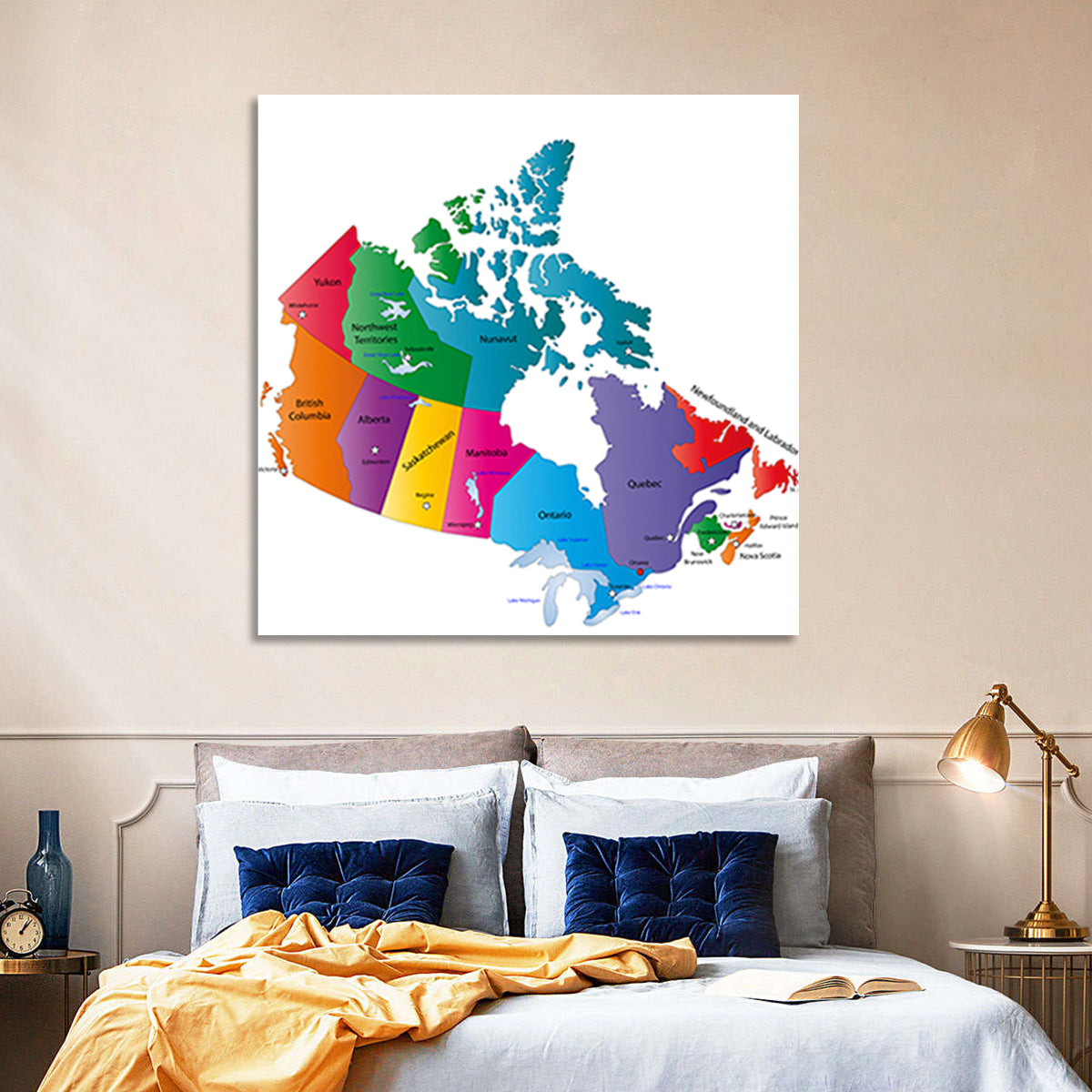 Colorful Canada Map Illustration Wall Art in a room, square