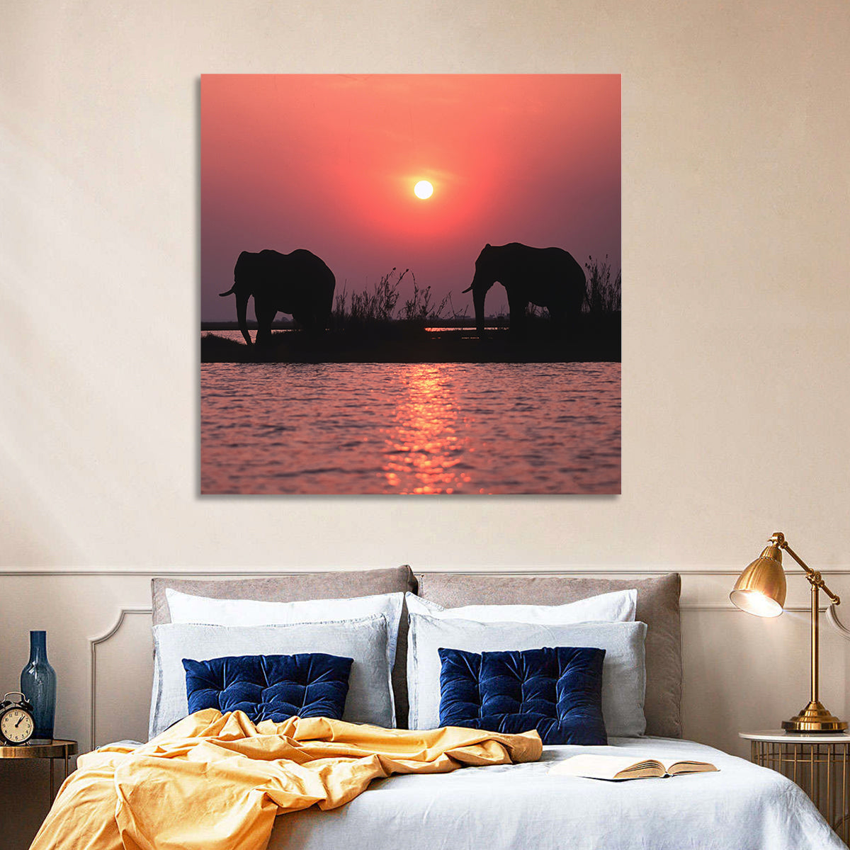 Elephants at Sunset Silhouette Wall Art