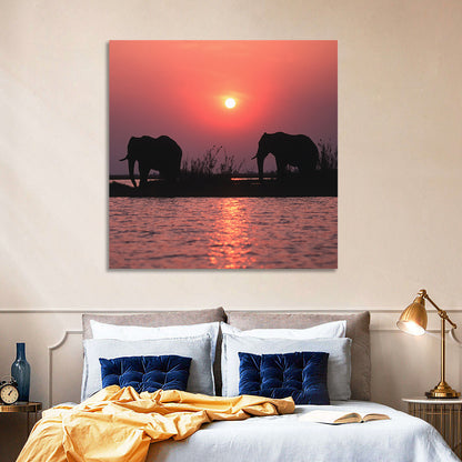 Elephants at Sunset Silhouette Wall Art