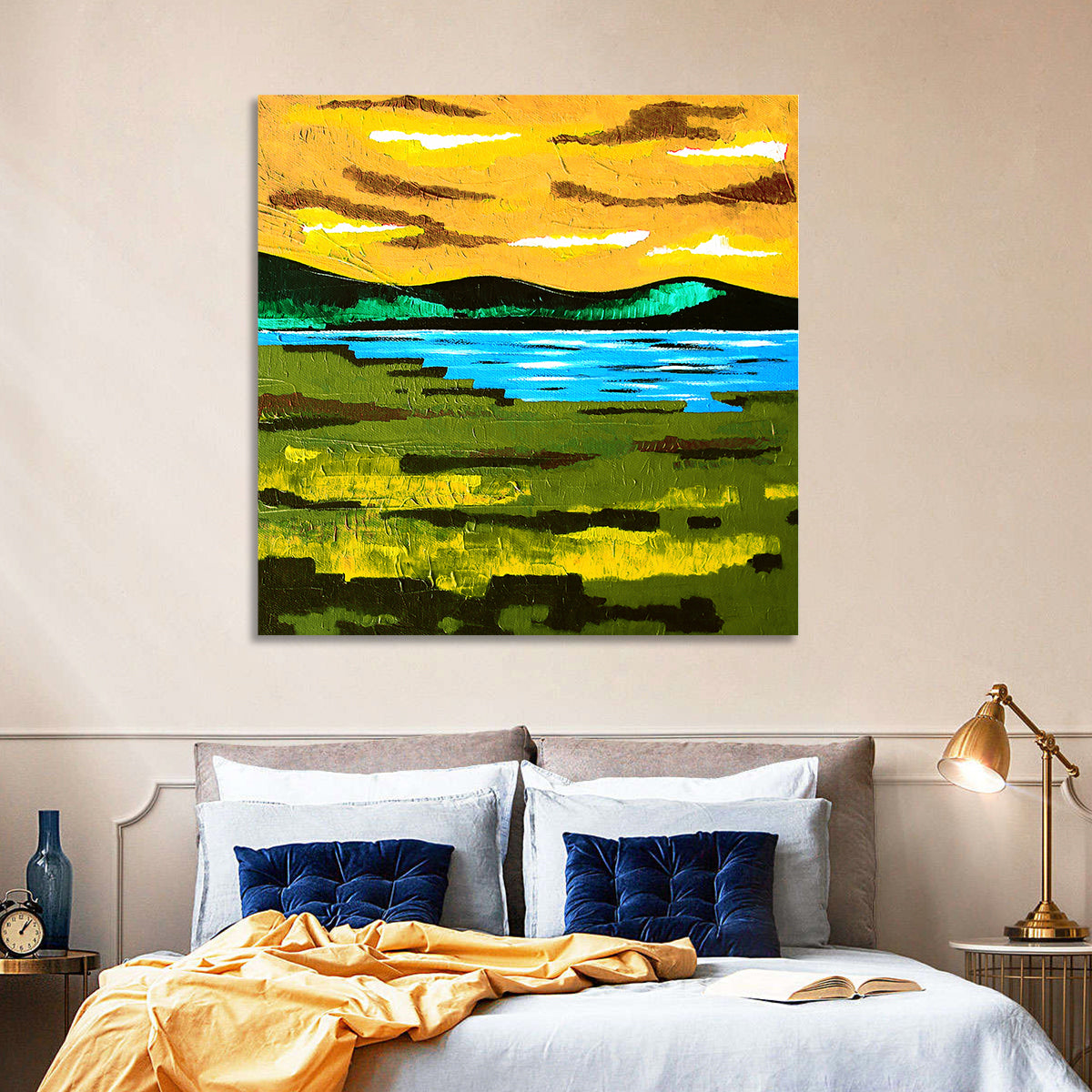 Golden Hour Mountain Lake Abstract Wall Art in a room, square