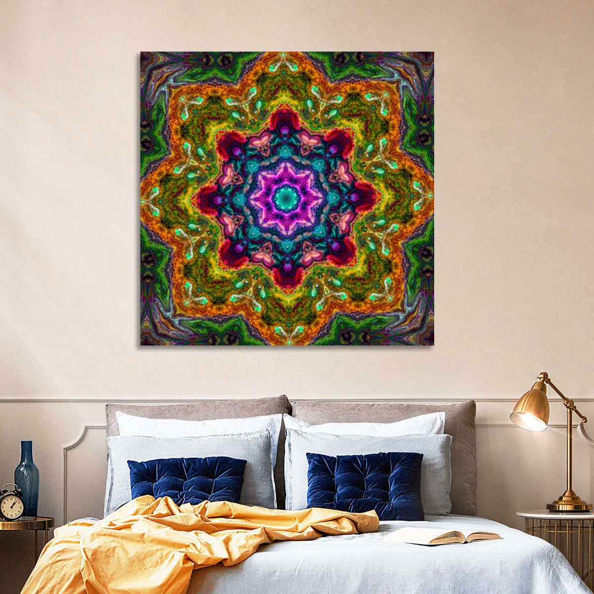 Vibrant Kaleidoscopic Mandala Ornament Wall Art in a room, square