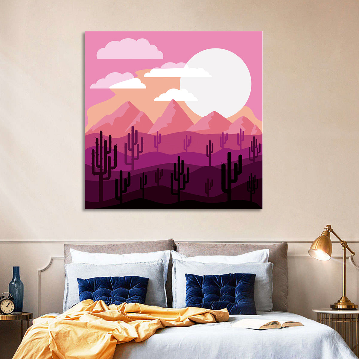 Saguaro Sunset Illustration Wall Art in a room, square