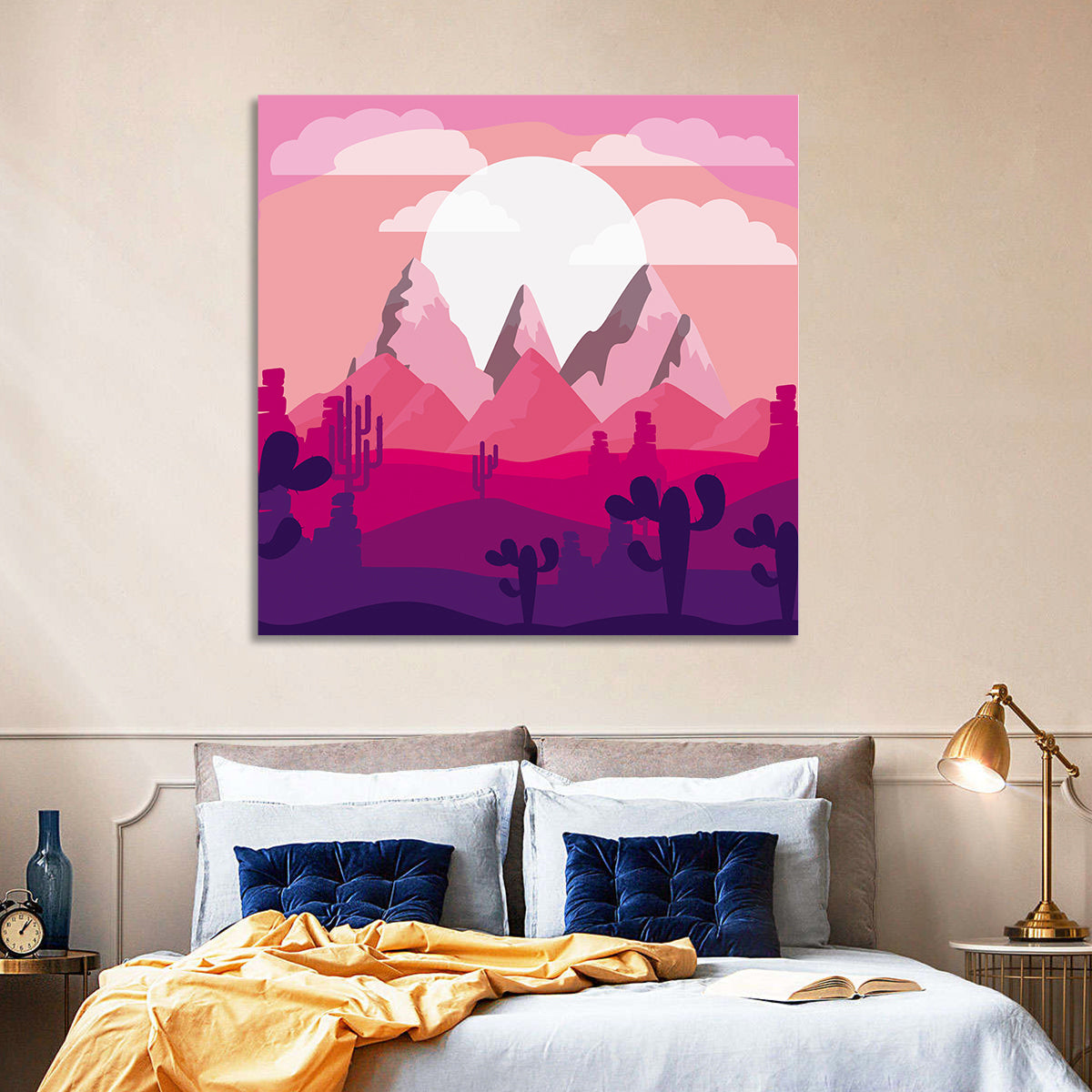 Magenta Desert Mountains Illustration Wall Art in a room, square