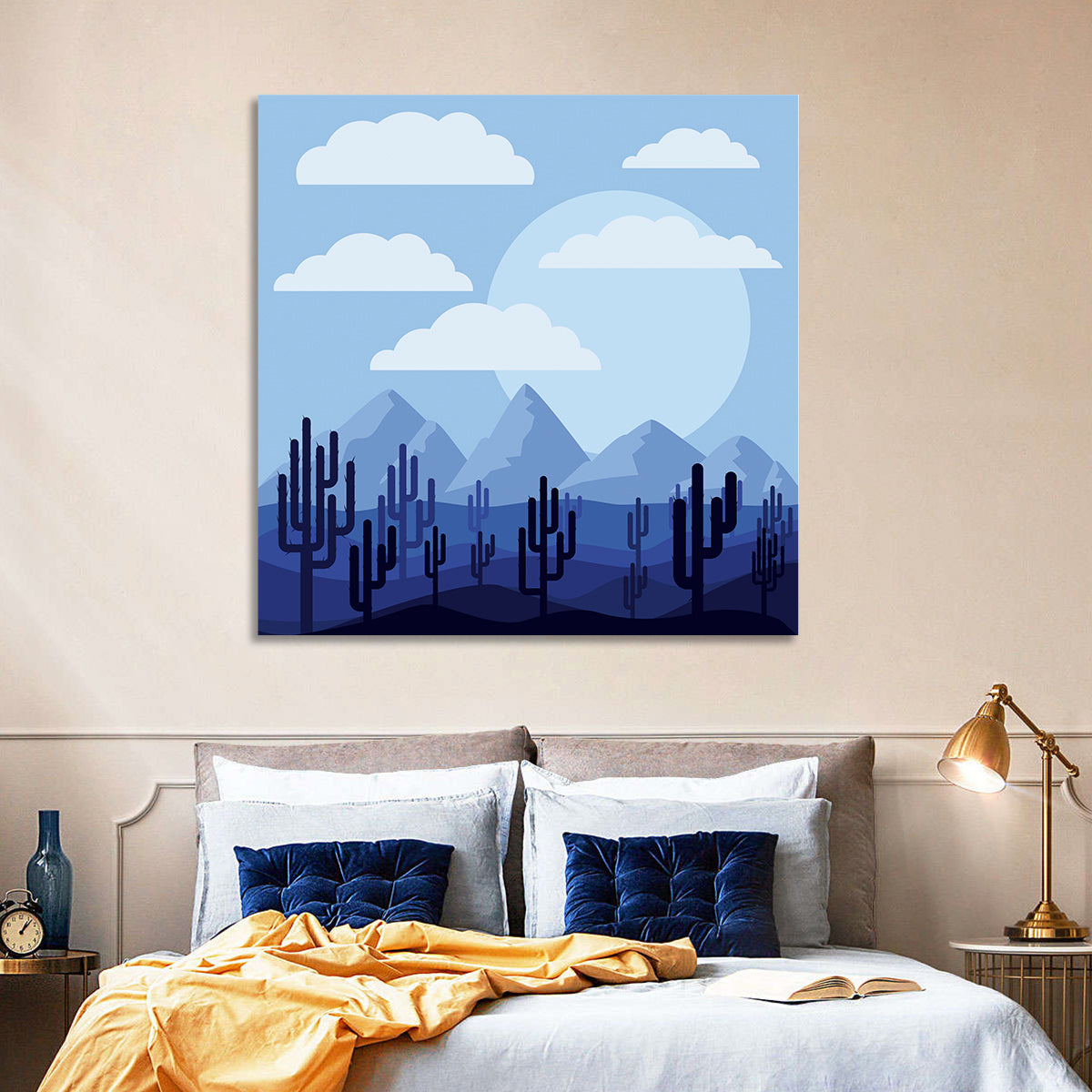 Blue Desert Cactus Illustration Wall Art