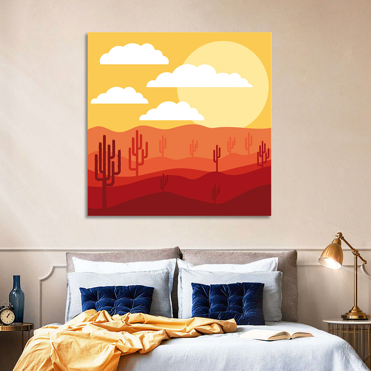 Saguaro Desert Sunrise Wall Art in a room, square