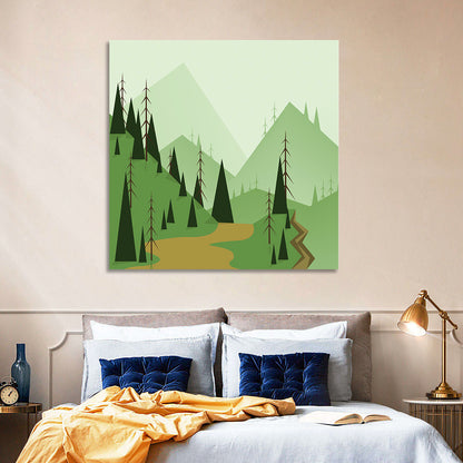 Green Foggy Hills Illustration Wall Art