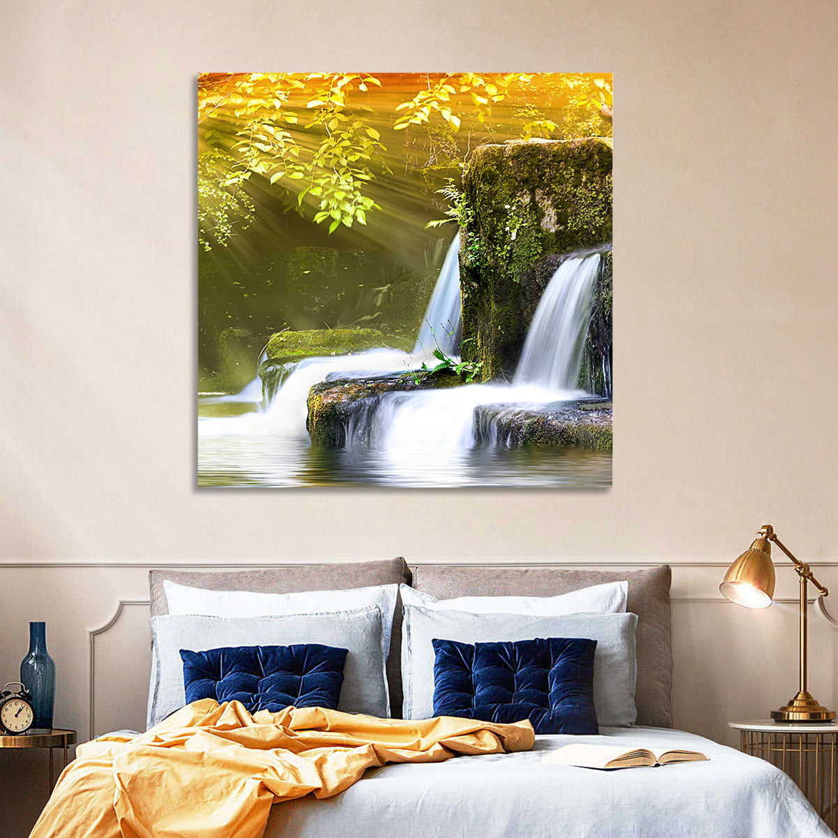 Sunlit Forest Waterfall Wall Art