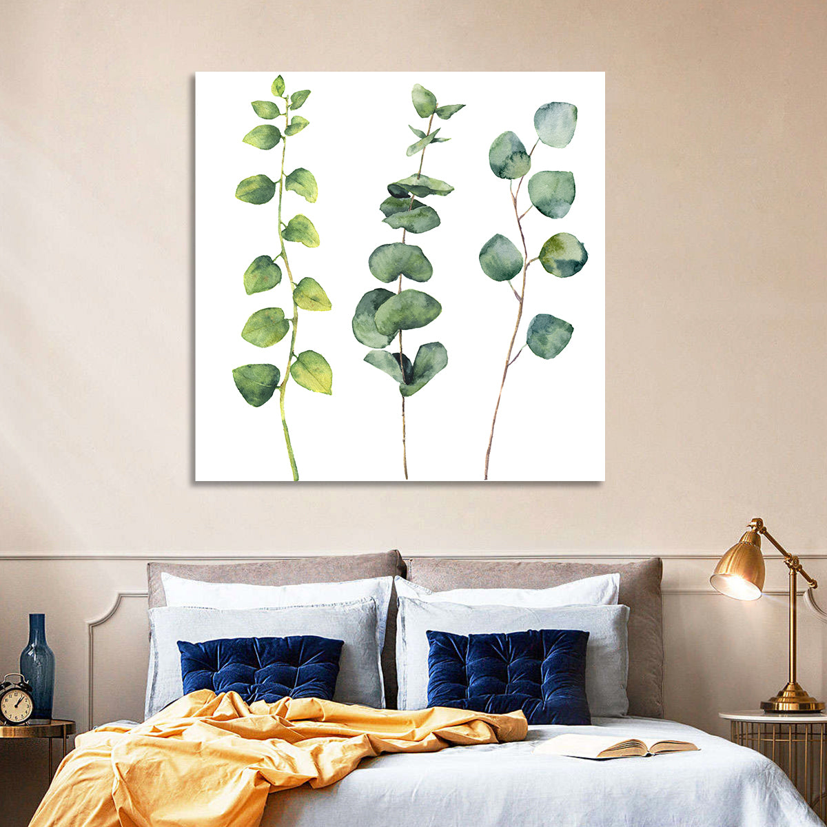Watercolor Eucalyptus Stems Wall Art in a room, square