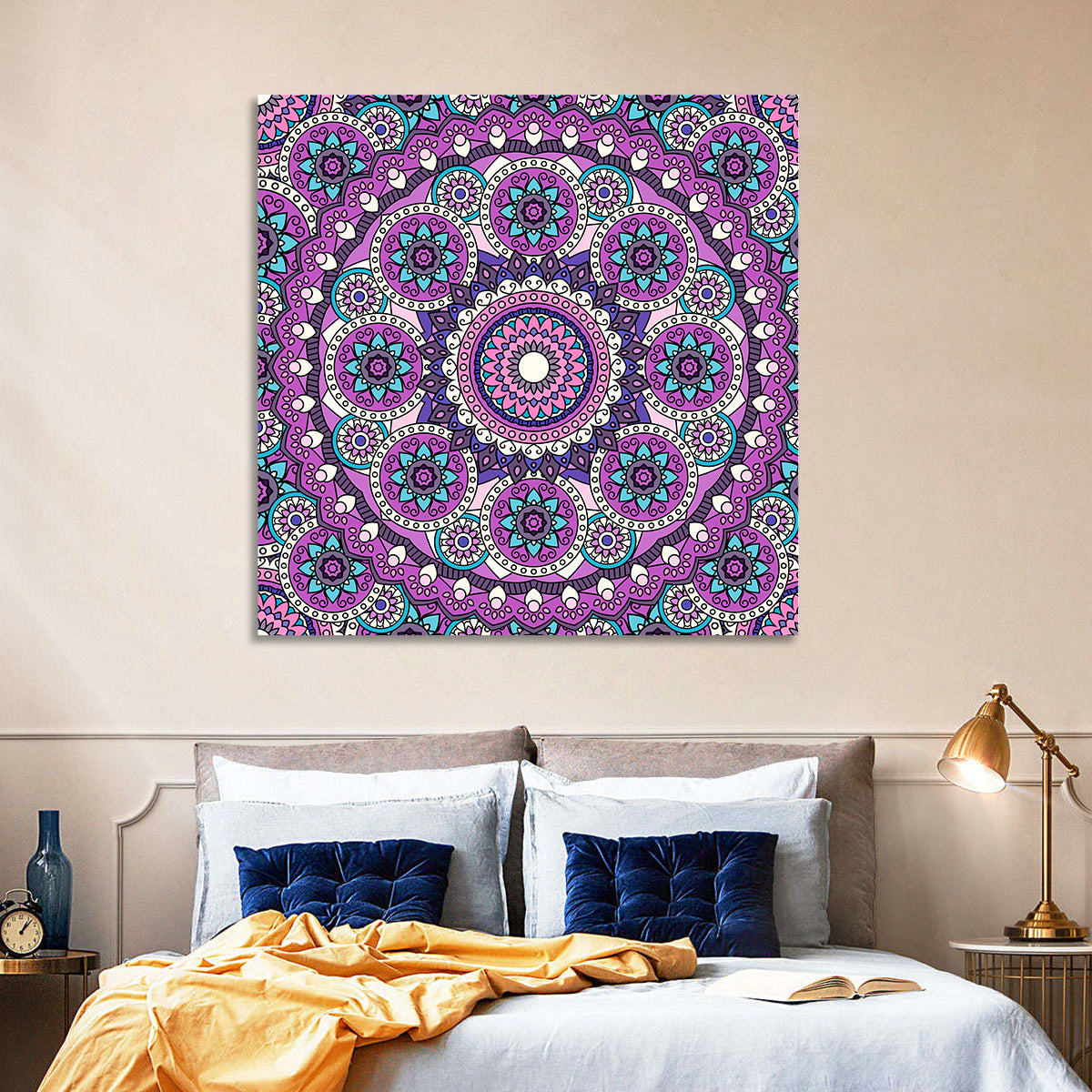 Vibrant Purple Teal Mandala Pattern Wall Art in a room, square