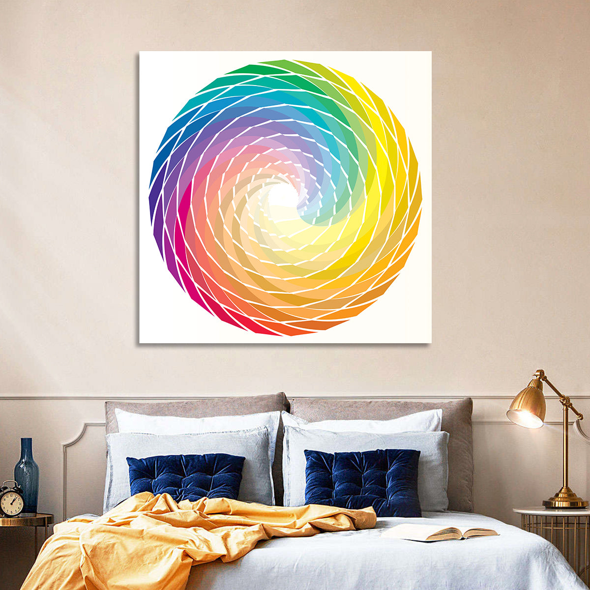 Radial Rainbow Spiral Wall Art in a room, square