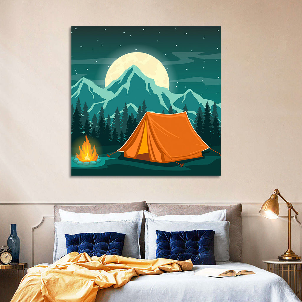 Moonlit Campfire Landscape Wall Art