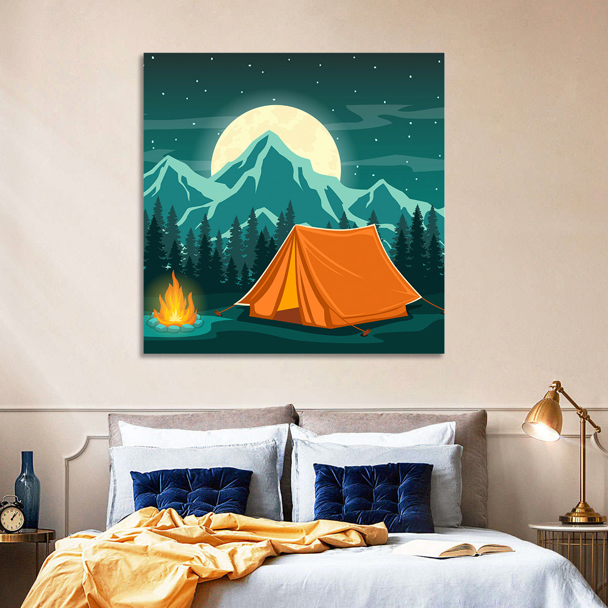 Moonlit Campfire Landscape Wall Art