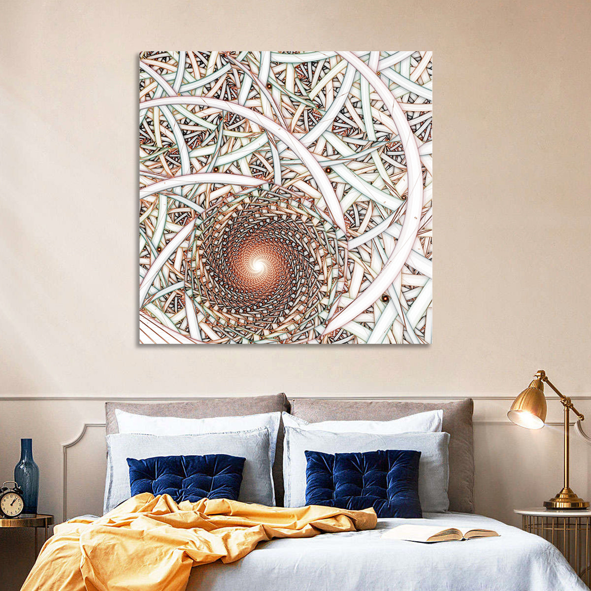 Copper Fractal Spiral Mandala Wall Art in a room, square