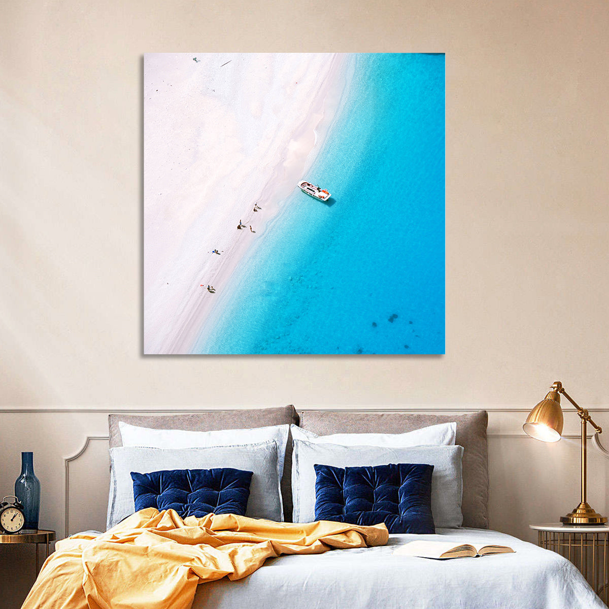 Aerial Beach Bay with White Boat Wall Art