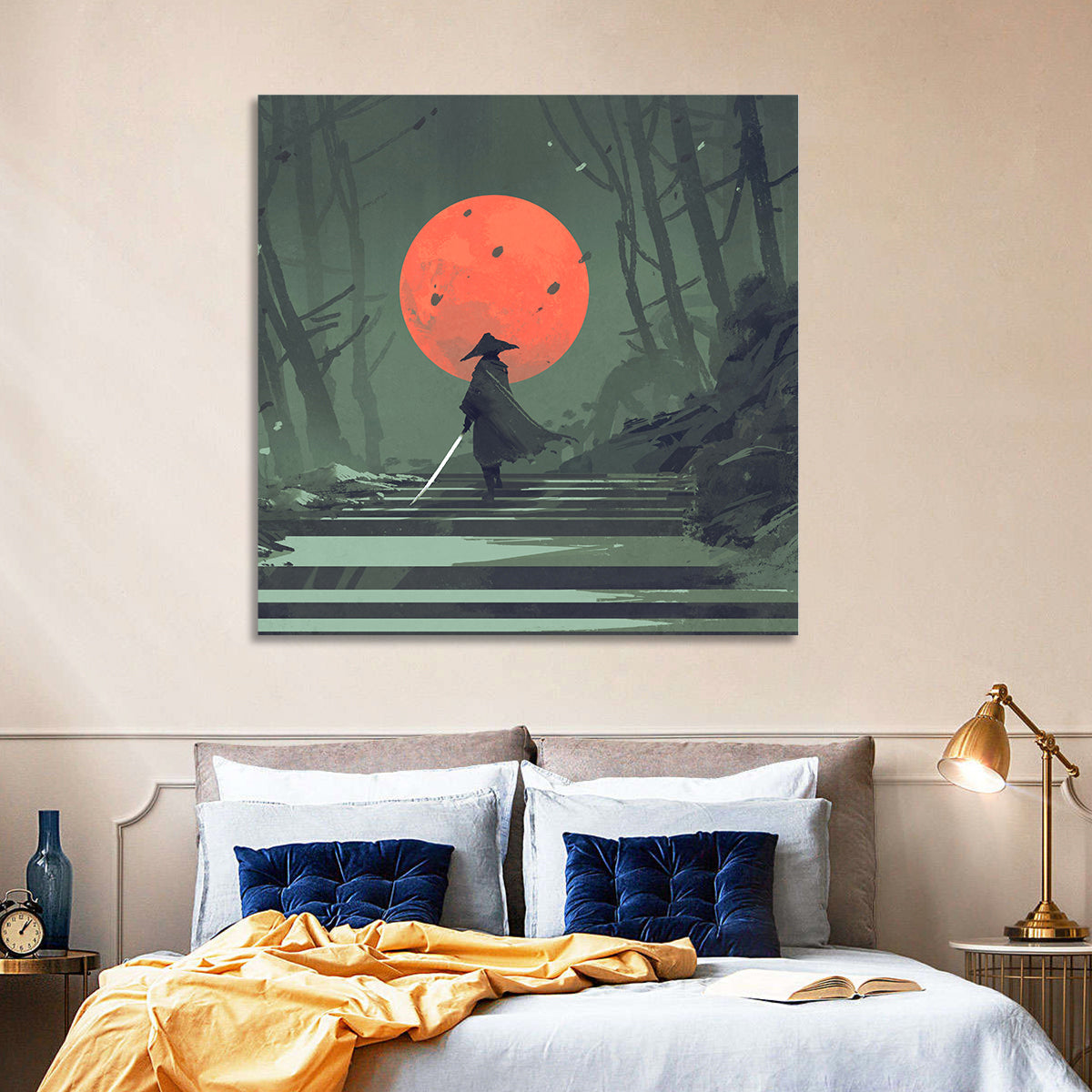 Samurai Under Red Moon Wall Art