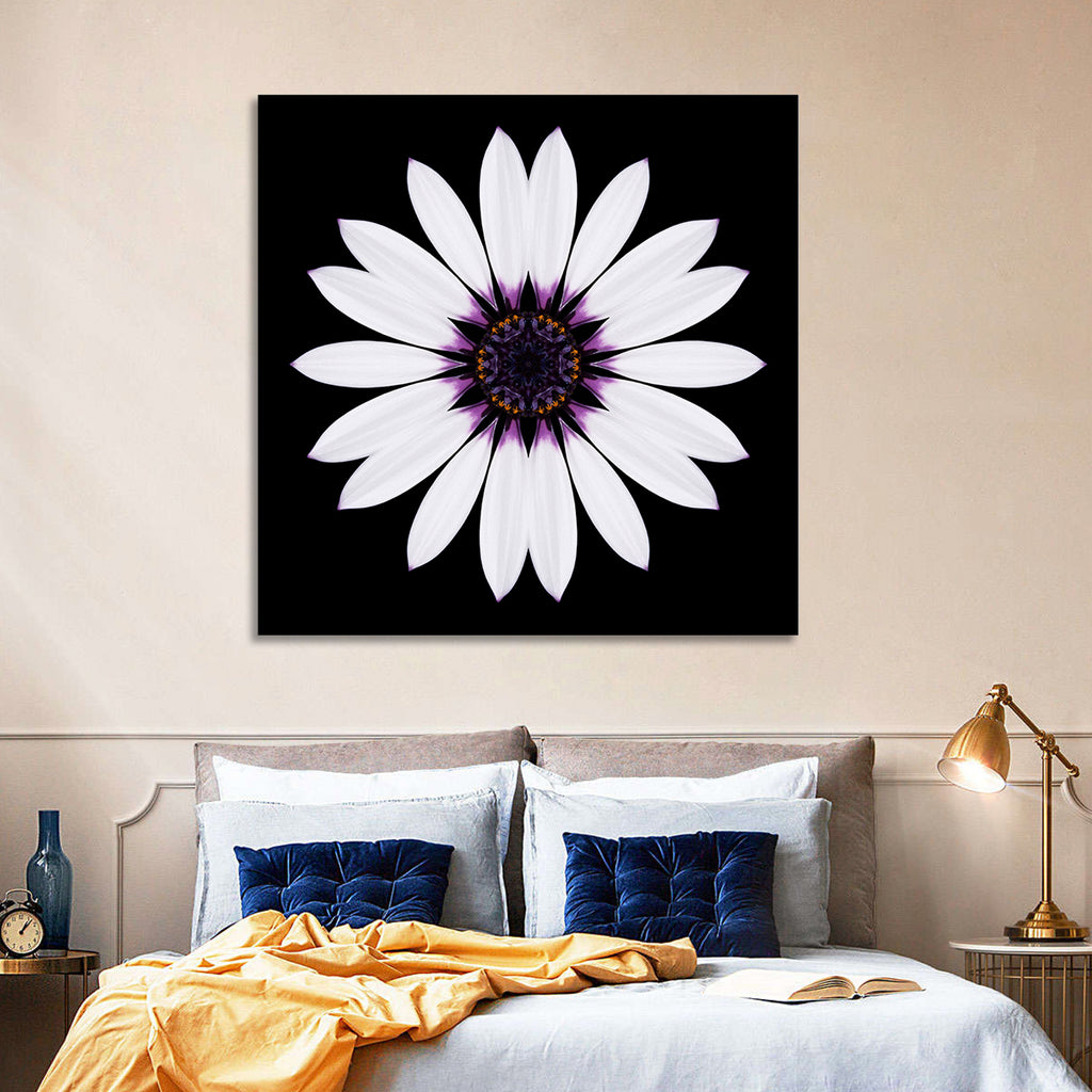 White Daisy Mandala on Black Wall Art