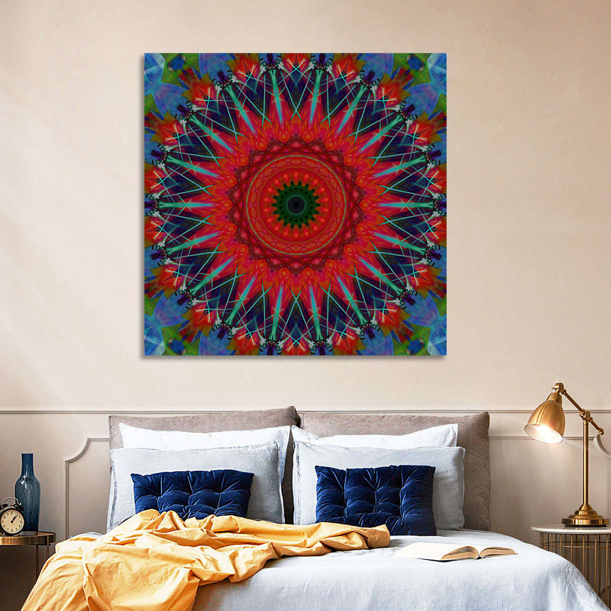 Lotus Blossom Starburst Mandala Wall Art in a room, square