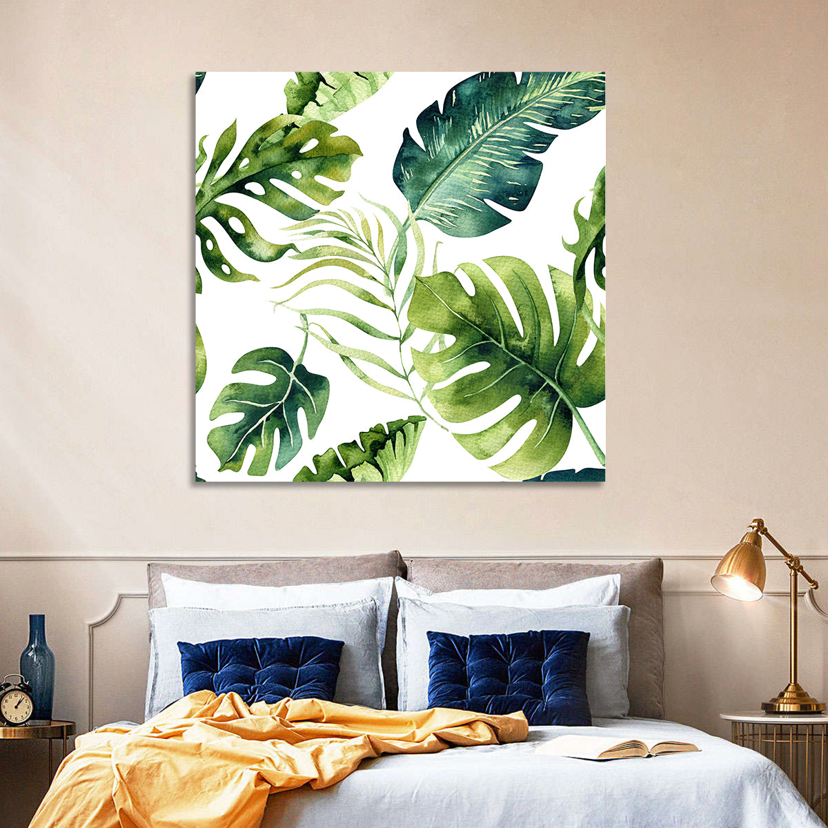 Tropical Watercolor Leaves Wall Art in a room, square