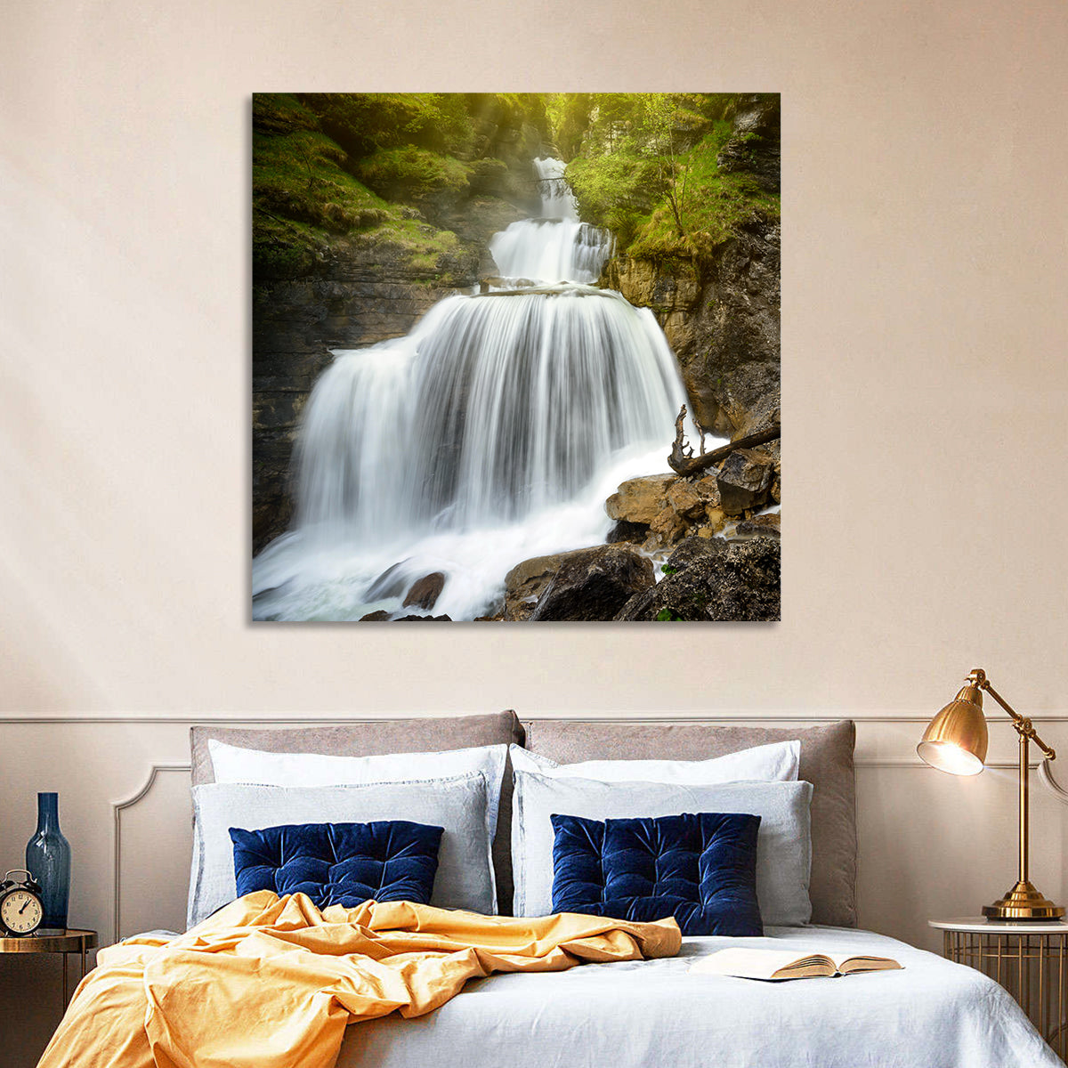 White Cascade Over Mossy Rocks Wall Art