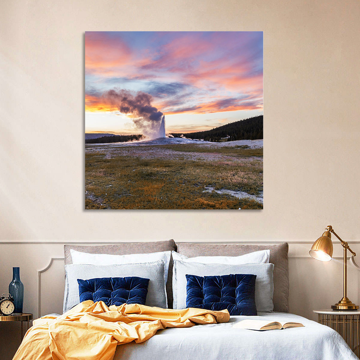 Old Faithful Erupting at Sunset Wall Art