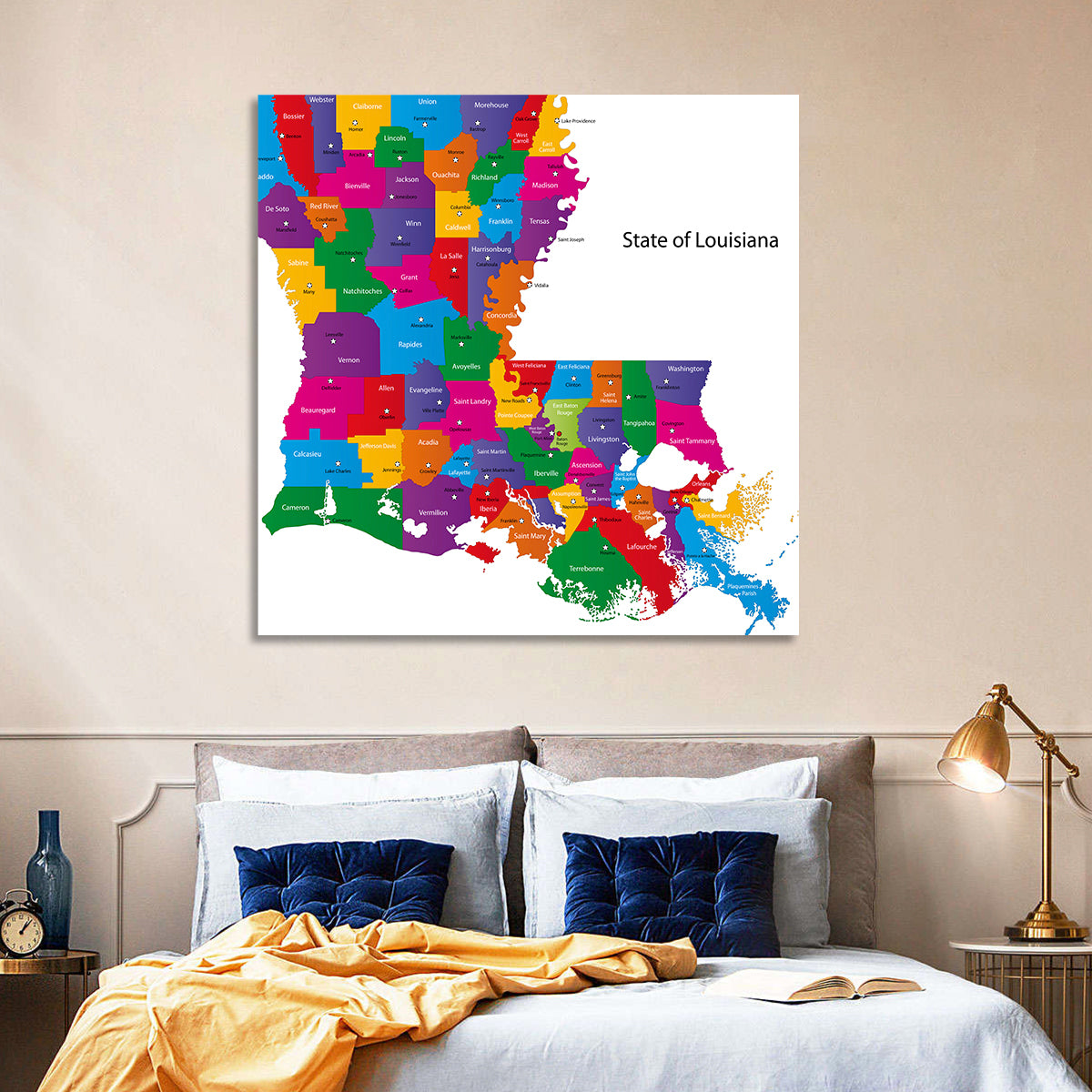 Colorful Louisiana Parish Map Wall Art