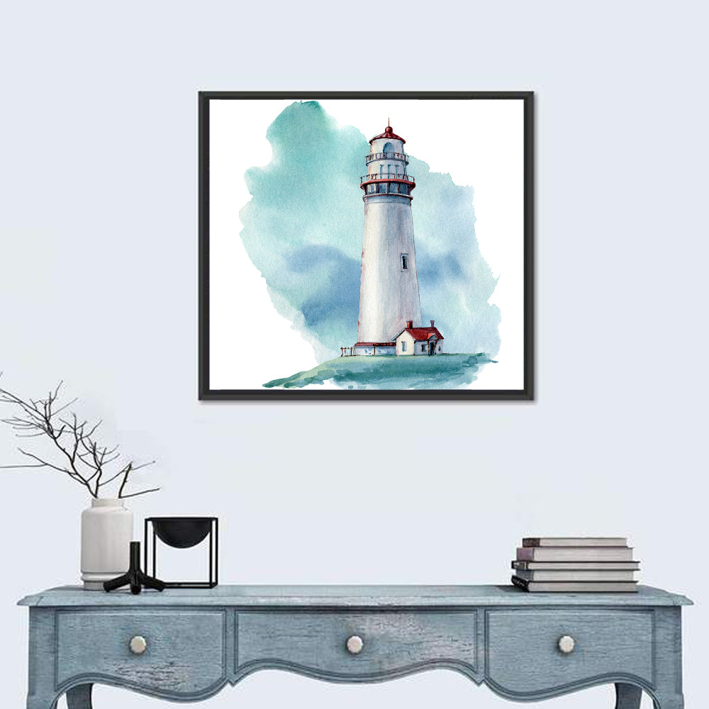 Red Roof Lighthouse Watercolor Wall Art in a room, square