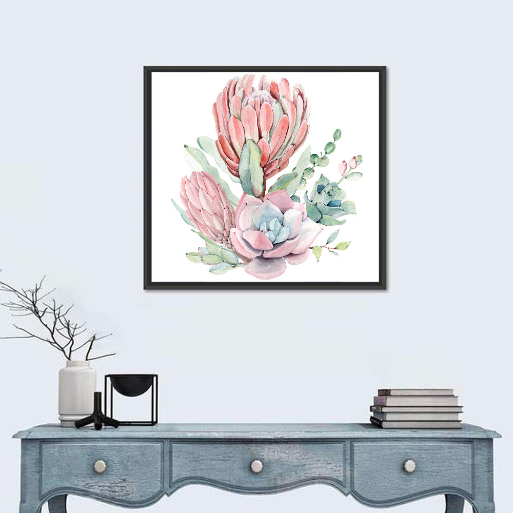 Pink Protea Succulent Bouquet Wall Art in a room, square