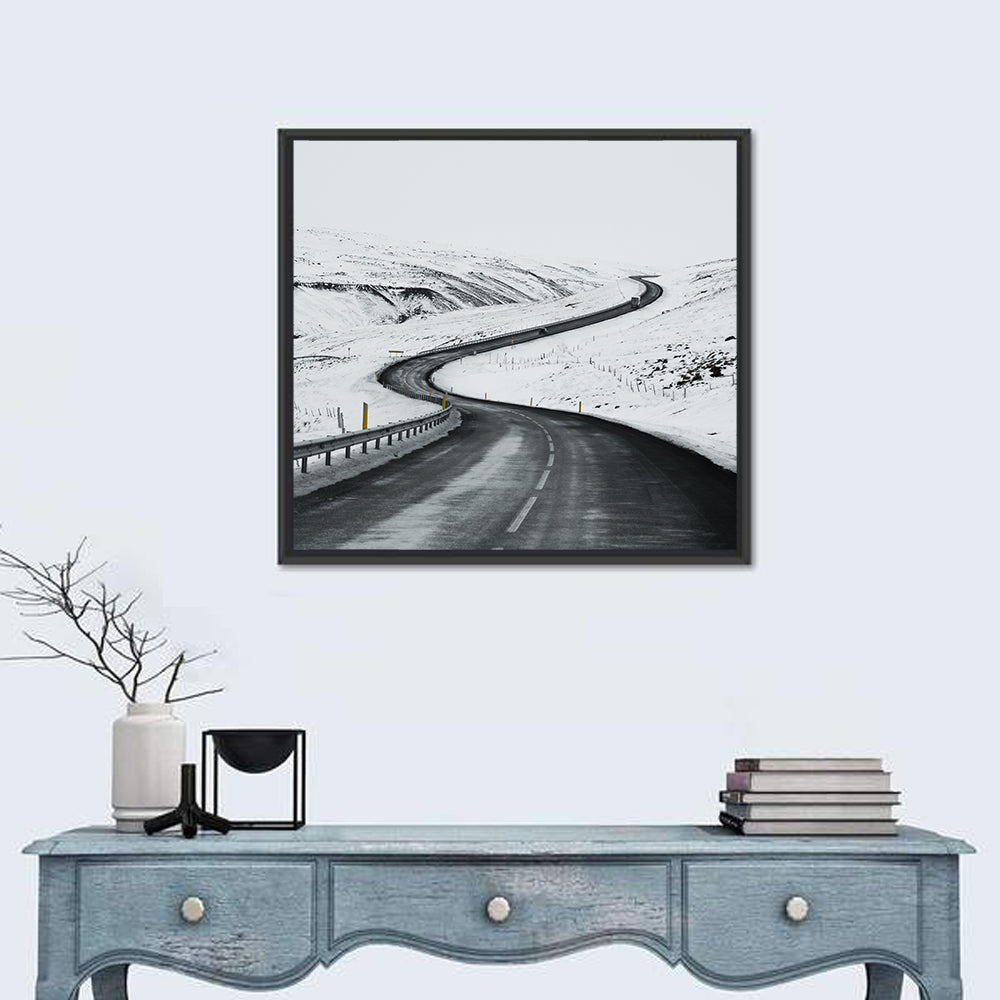 Winding Snow Road with Yellow Markers Wall Art