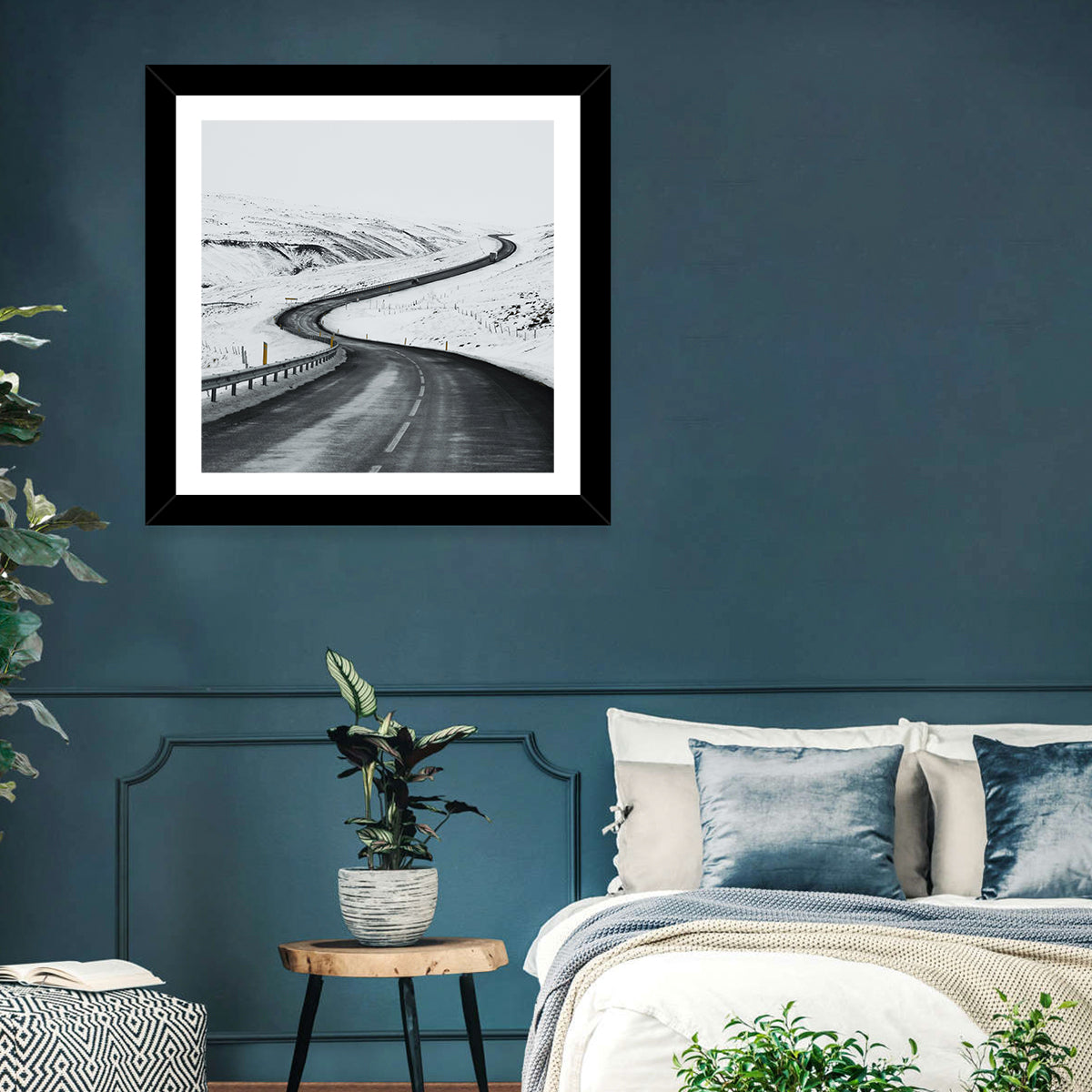 Winding Snow Road with Yellow Markers Wall Art