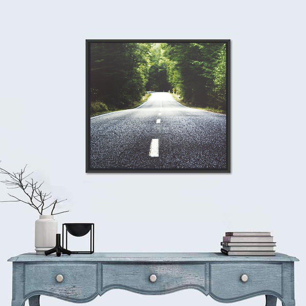 Summer Forest Road with Yellow Sign Wall Art