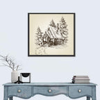 Snowy Log Cabin Illustration Wall Art