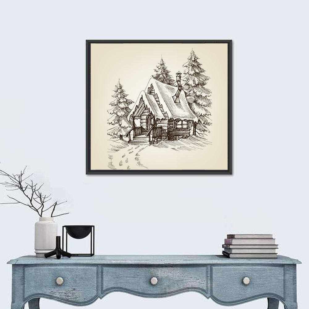 Snowy Log Cabin Illustration Wall Art