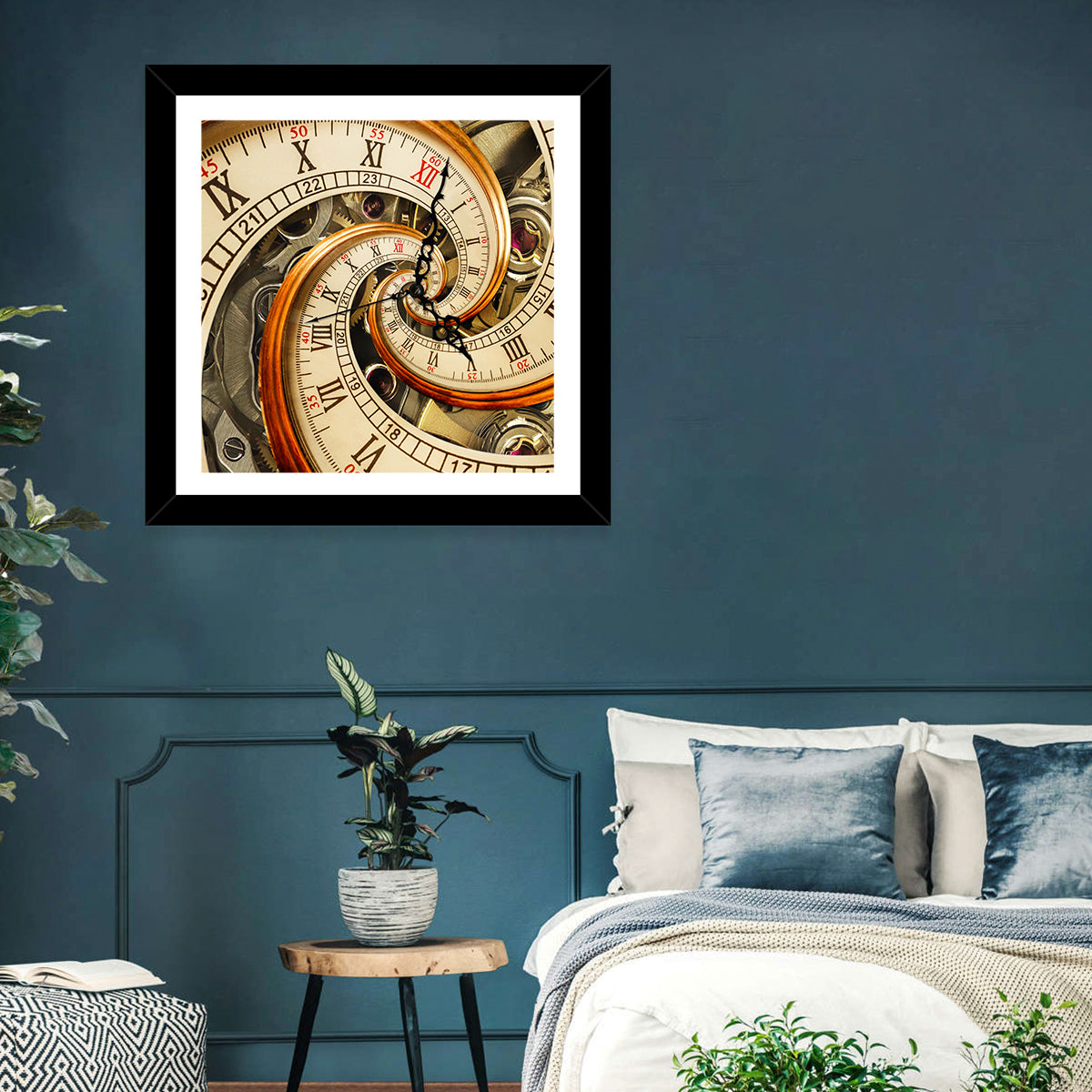 Surreal Infinity Clock Spiral Wall Art in a room, square