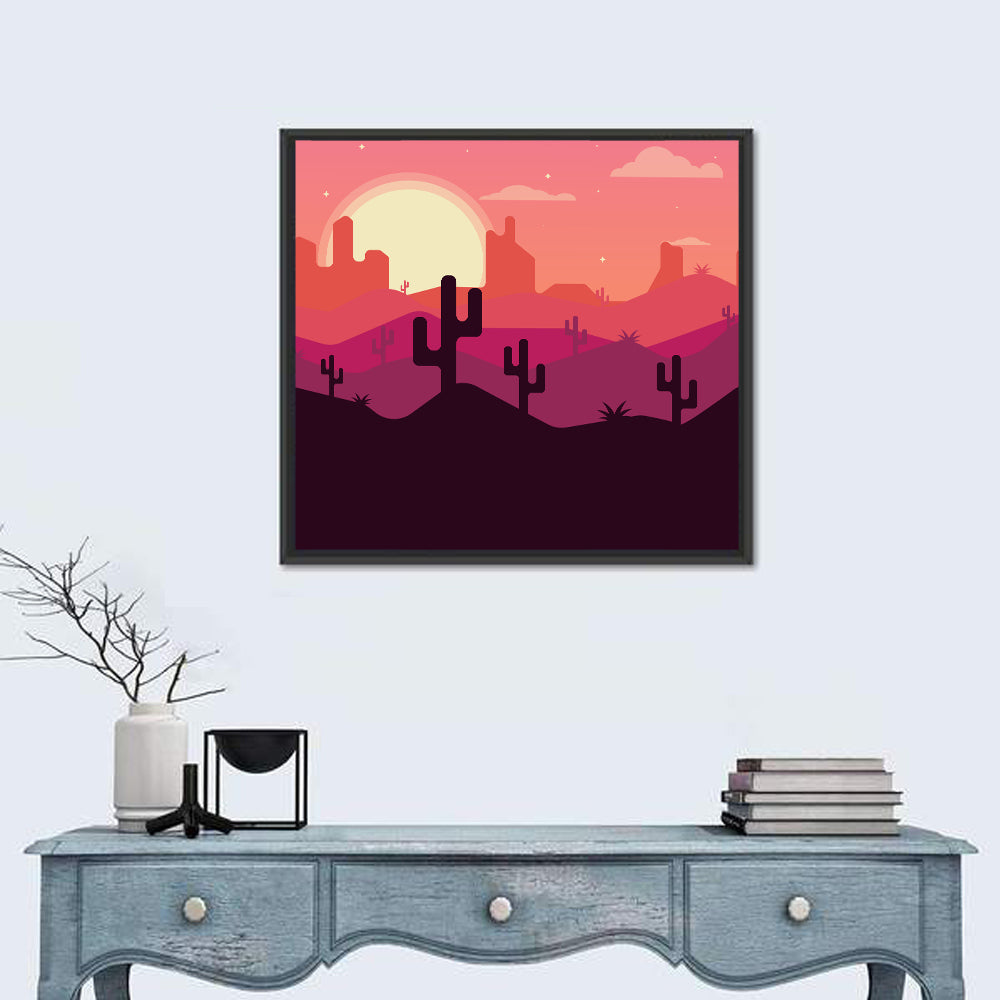 Desert Sunset with Saguaro Silhouettes Wall Art in a room, square