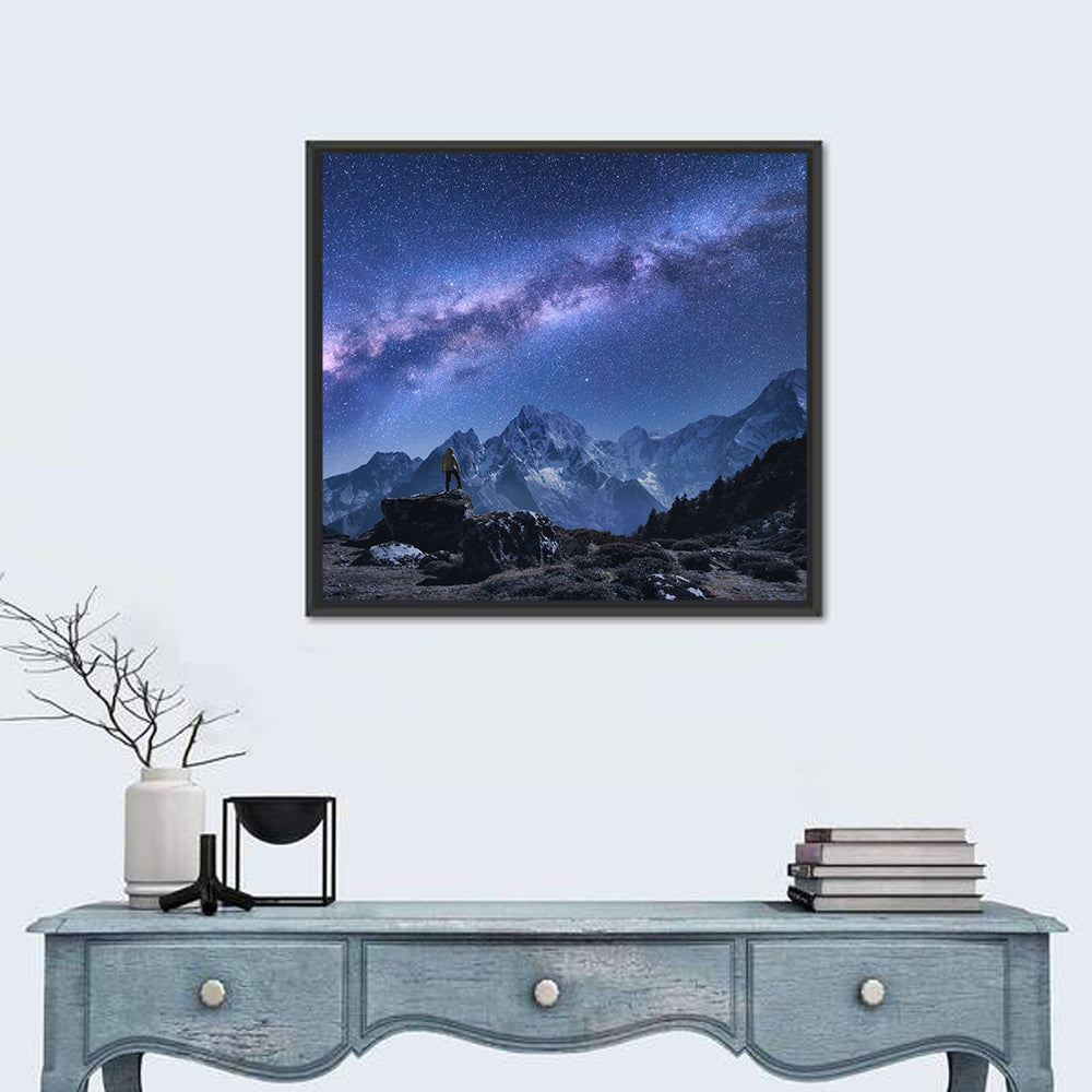 Milky Way Over Snow Capped Peaks Wall Art in a room, square